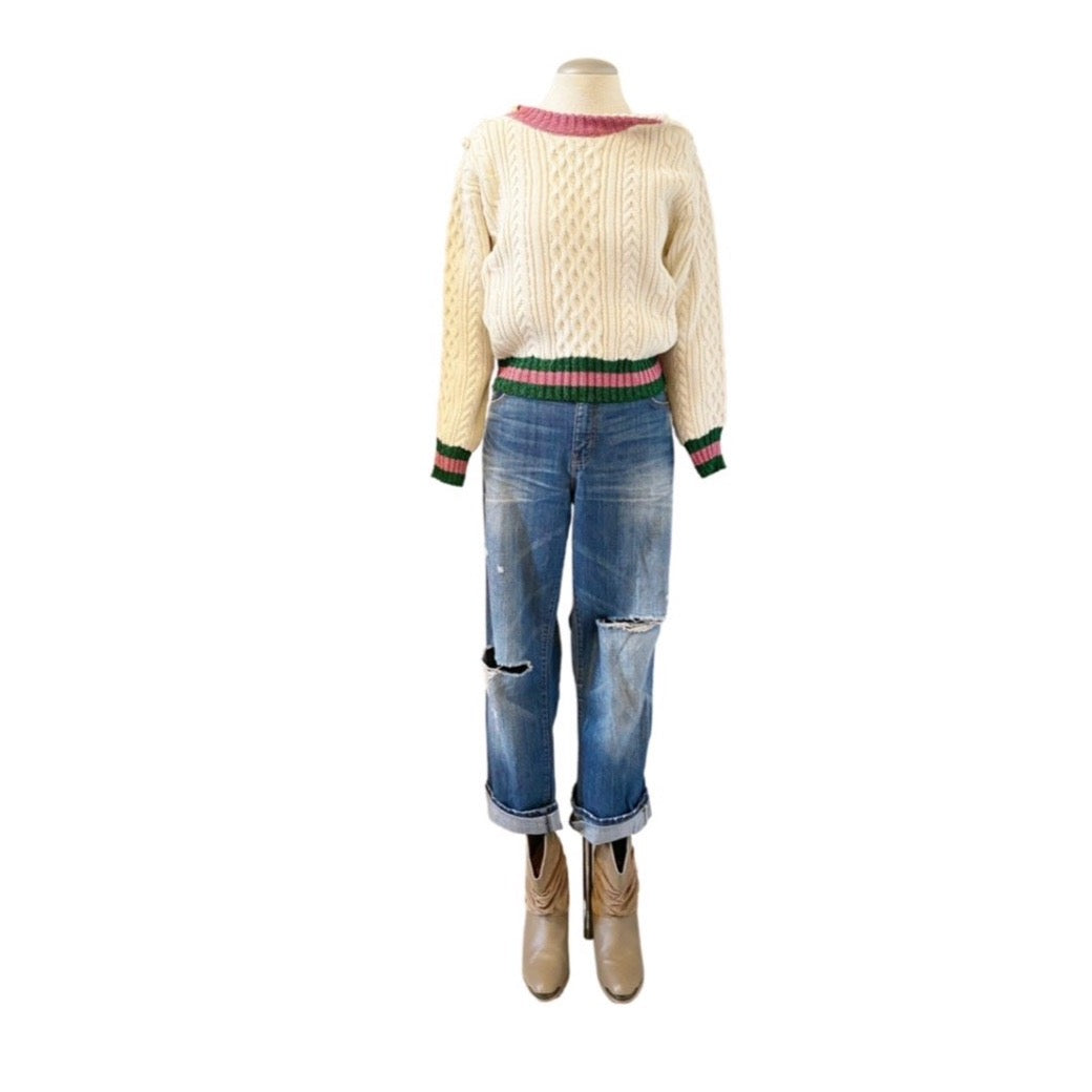 CABLE KNIT SWEATER WITH METALLIC STRIPE