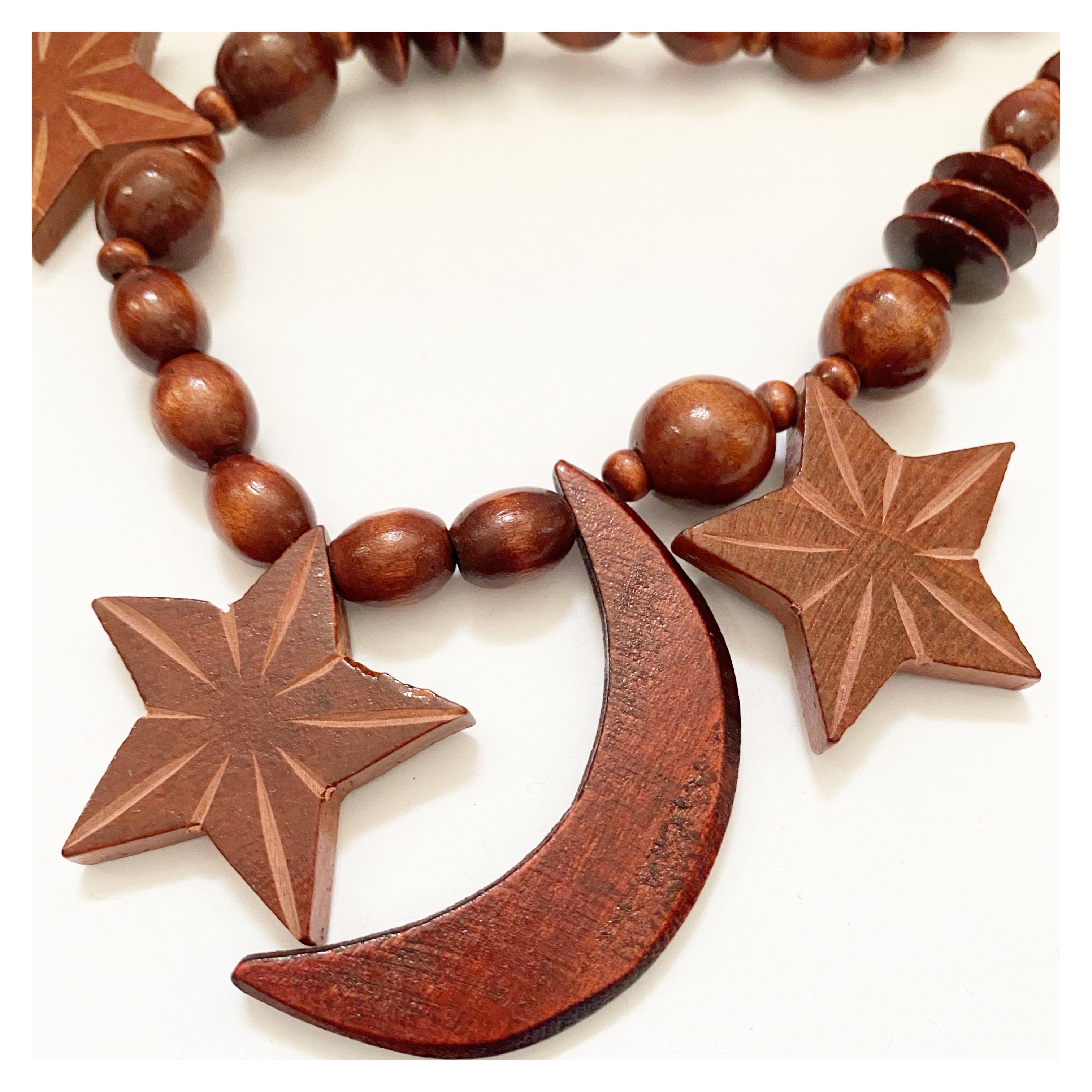 VINTAGE - WOOD BEADED CELESTIAL NECKLACE